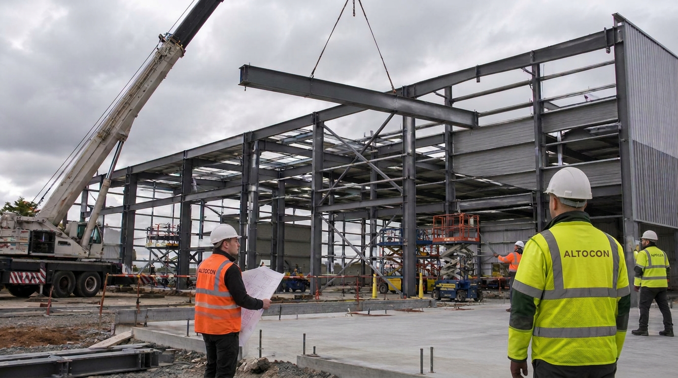 Steel frame going up on an industrial building site with workers and a crane