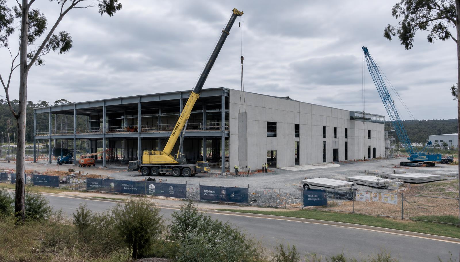 Large two-storey data centre building under construction in an industrial estate