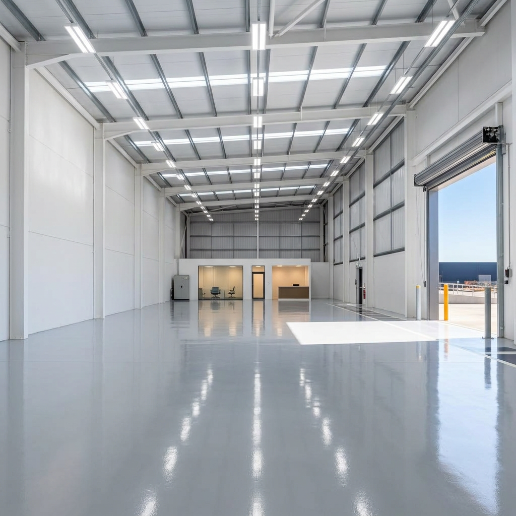 Refurbished industrial warehouse interior with new lighting and epoxy floor